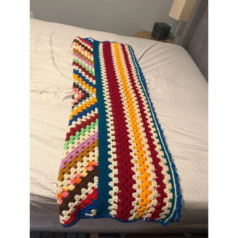 Vintage Multicolor Crochet Afghan 70x44 Granny Square Blanket Handmade Boho Thro